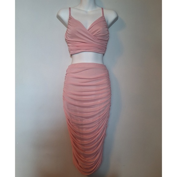 Fashion Nova Dresses & Skirts - Fashion Nova Pink Ruched Mesh 2 Piece Set Crop Top Midi Skirt Size Small